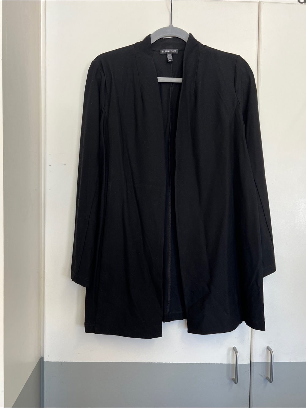 Eileen Fisher Classic Black Open-Front Drape Cardigan Sweater with Pockets